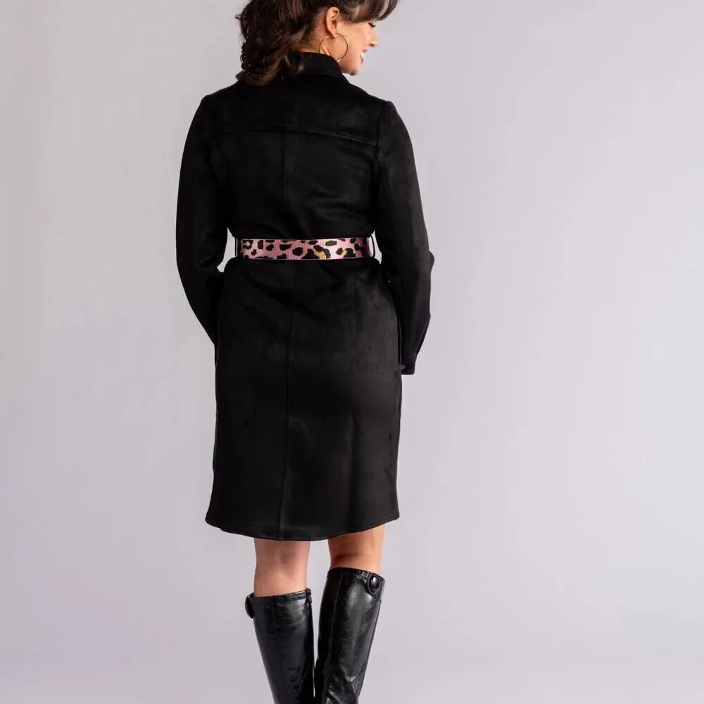 NWOT Lesley Evers Black Suede Shirtdress - Picture 3 of 9